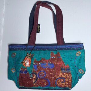 Laurel Burch Cat Feline Shoulder Tote Bag Beaded Sun N Sand Zipper Colorful Art